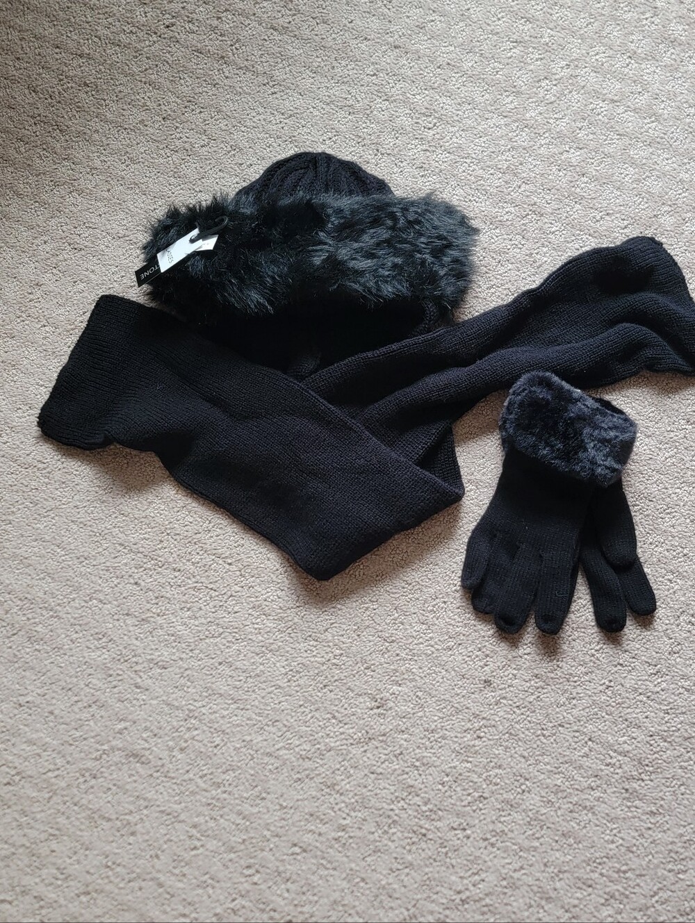 Women's Black Faux-Fur Trim Hat, Scarf & Gloves Set
